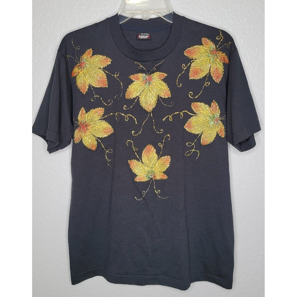 Vintage Screen Stars Black 3D Applique Maple Leaf T Shirt Size L Single Stitch